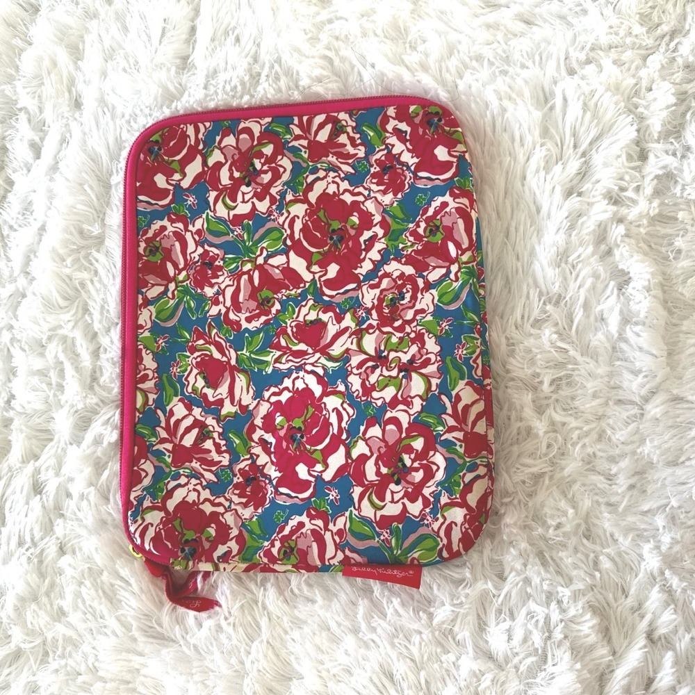 Lilly Pulitzer Tablet Sleeve Case Floral Print Pink Blue Zippered Pouch Bag - Picture 2 of 7